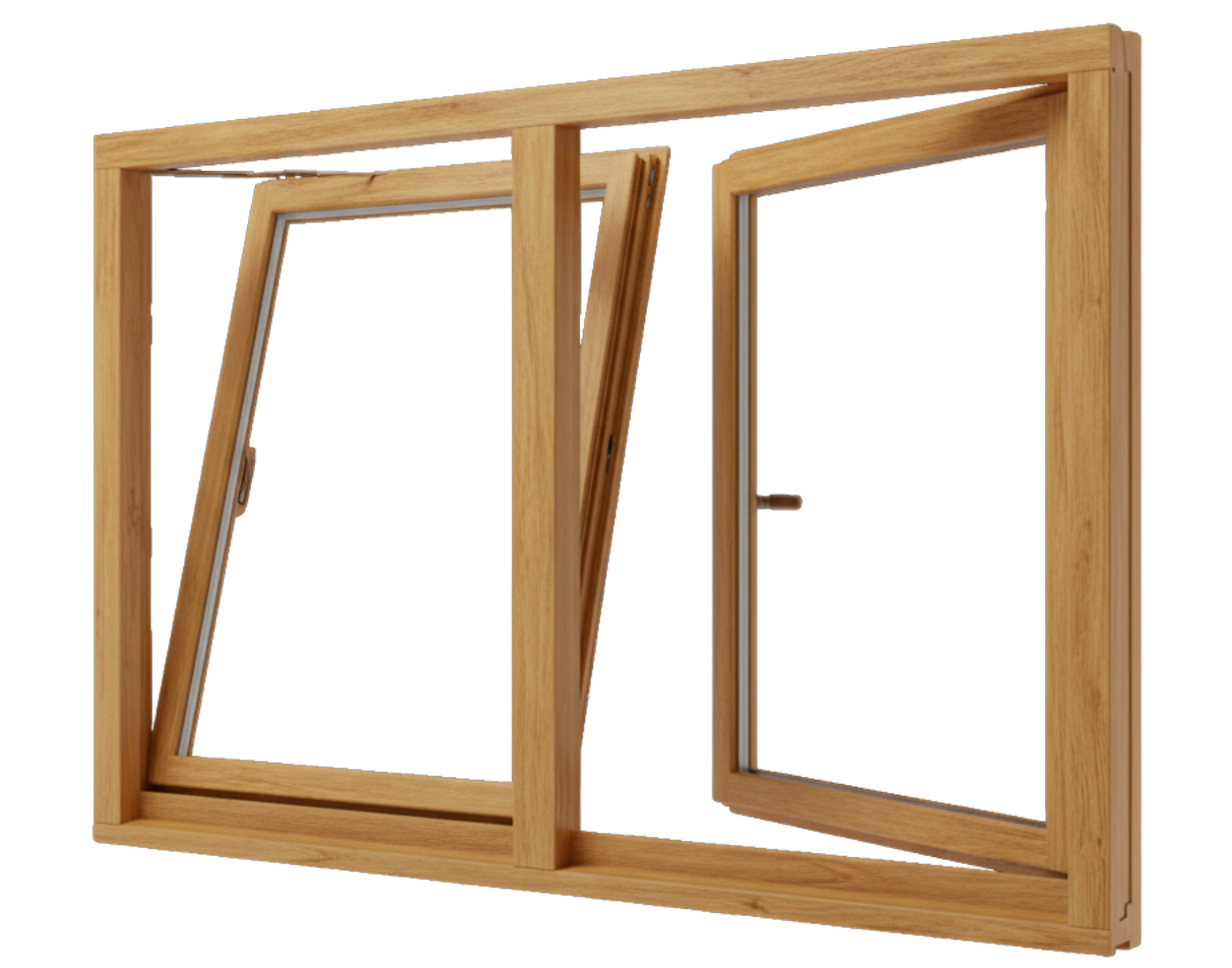 Holzfenster eichefarben aus Holz mit zwei geöffneten Flügeln, eine Seite dreh-kipp geöffnet, schlanker Rahmen